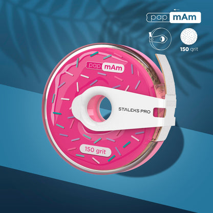 Pink sandpaper roll with 'pap m'Am' DONUT CASE branding on a blue background