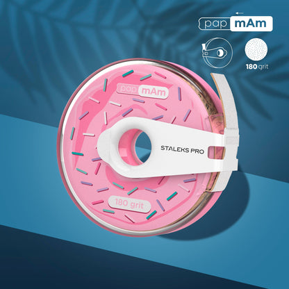 PapmAm EXPERT In DONUT CASE Pink tape dispenser with sprinkles on a blue background, featuring the brand 'pap mám'.