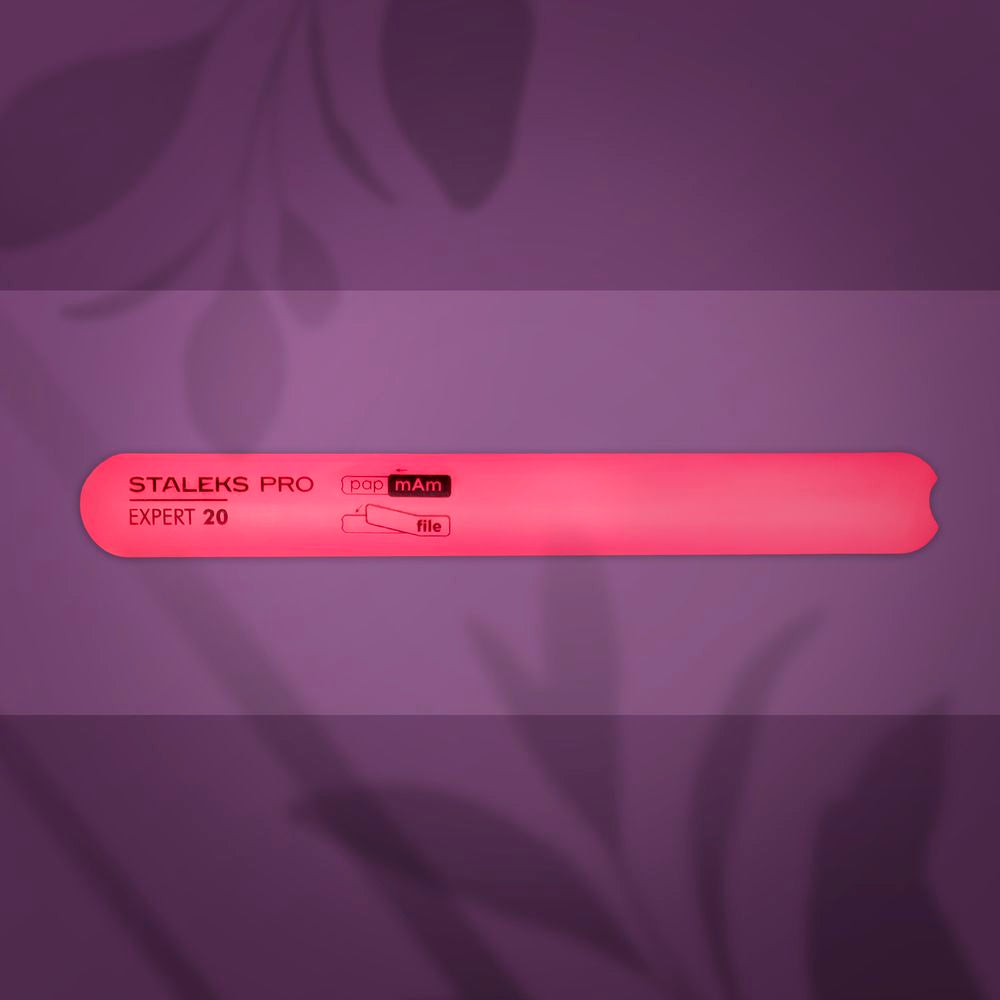 Straight Beveled Plastic Base For Nail File EXPERT 20 Pink label with text on a purple background