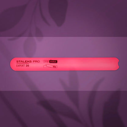 Straight Beveled Plastic Base For Nail File EXPERT 20 Pink label with text on a purple background