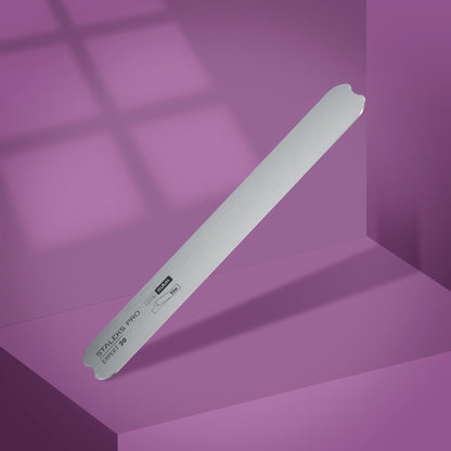 Straight Metal Base For Nail File EXPERT 20 Metal file on a purple surface with a soft shadow