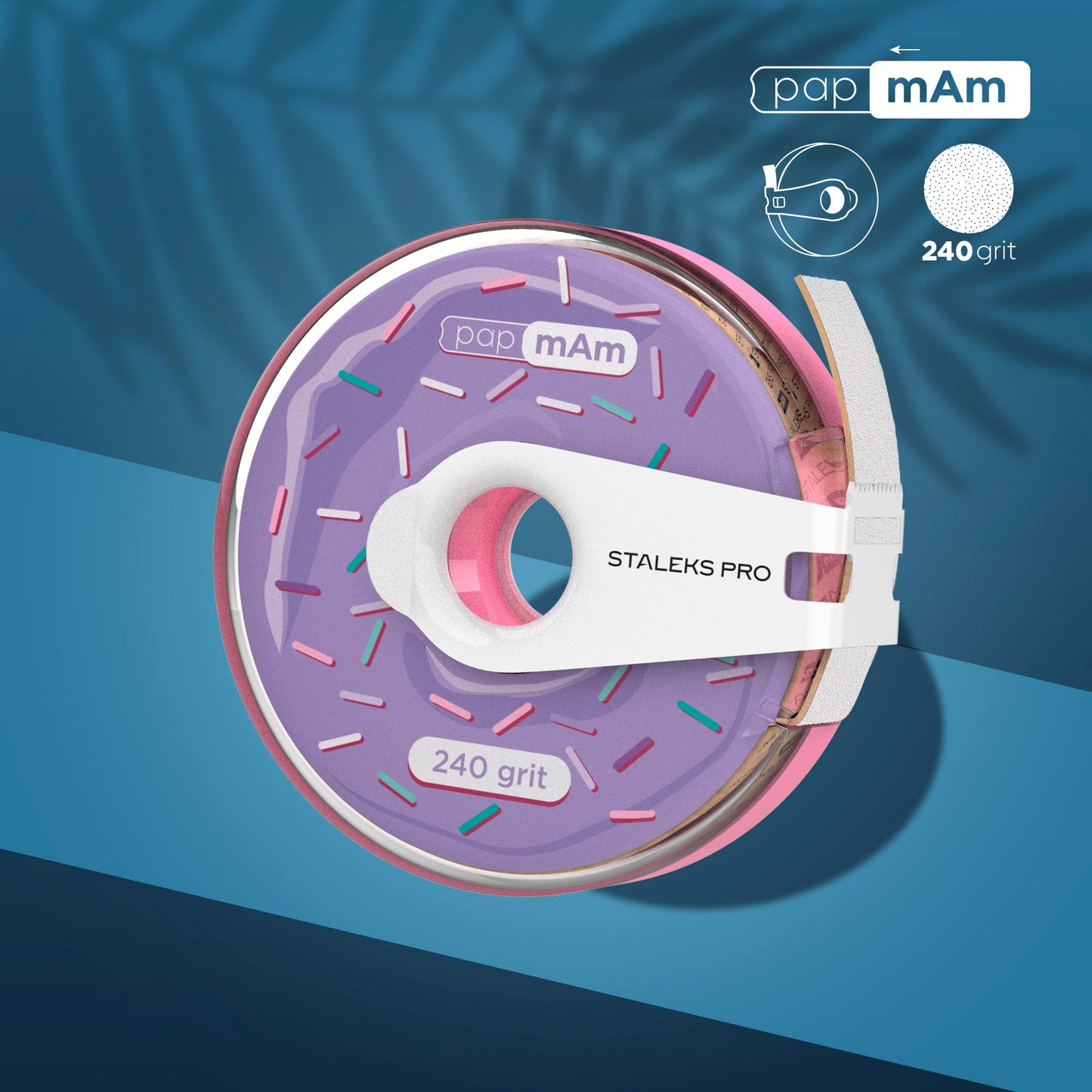 Tape PapmAm EXPERT 240 GRIT DONUT CASE Purple sanding disc with pink rim and 'pap m'Am' branding on a blue background