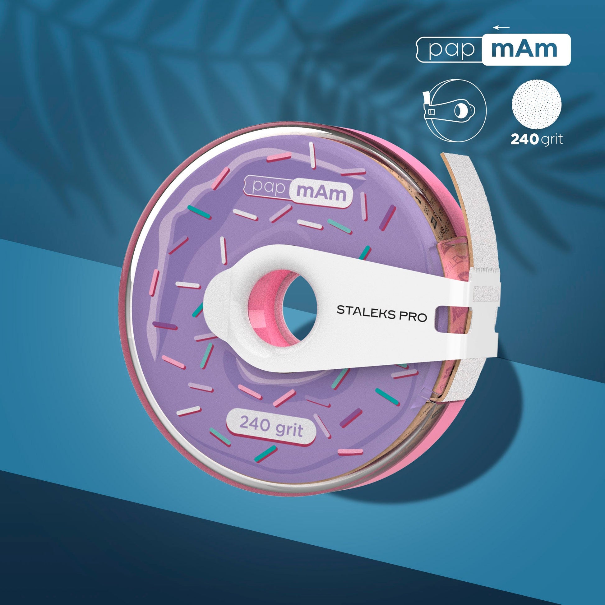 Tape PapmAm EXPERT 240 GRIT DONUT CASE Purple sanding disc with pink rim and 'pap m'Am' branding on a blue background